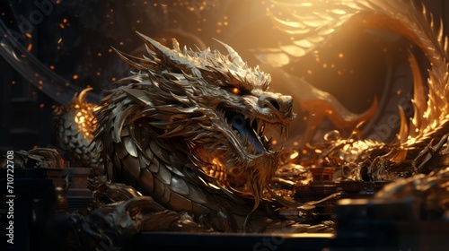 Foto Golden chinese dragon guarding the treasure, Fantasy dragon illustration, Chines