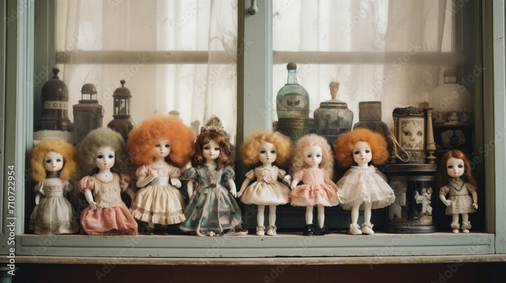 a group of dolls sitting on top of a window sill in front of a window sill filled with dolls. a group of dolls sitting on top of a window sill in front of a window sill filled with dolls.