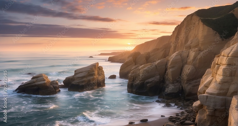 The refined elegance of coastal cliffs under the soft glow of dusk, with elegant waves crashing against the rocks - Generative AI