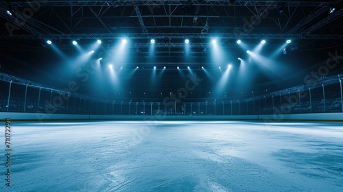 Background. Beautiful empty winter background and empty ice rink with lights. Spotlight shines on the rink. Bright lighting with spotlights. Panorama in black. Sport 