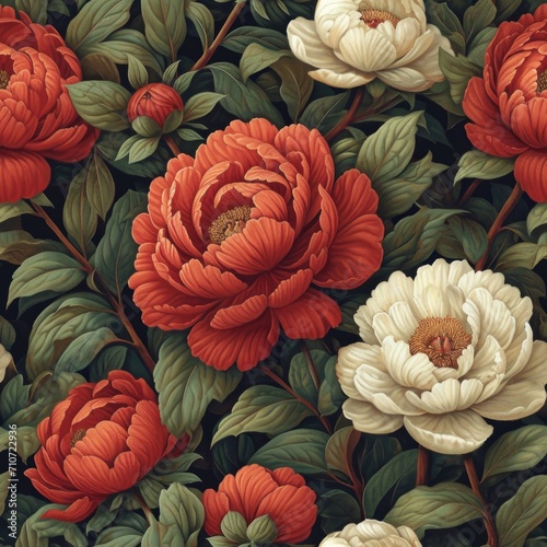 Elegant Peonies Floral Seamless Pattern on Dark Background