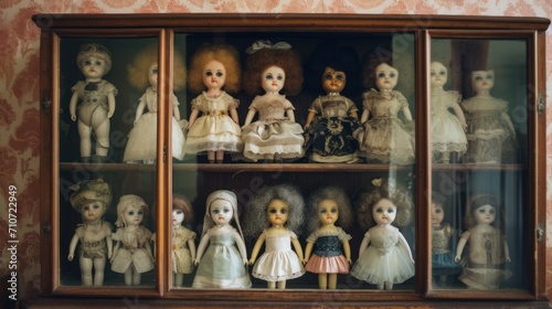  a group of dolls sitting on top of a wooden shelf next to each other in a glass case on top of a wall.