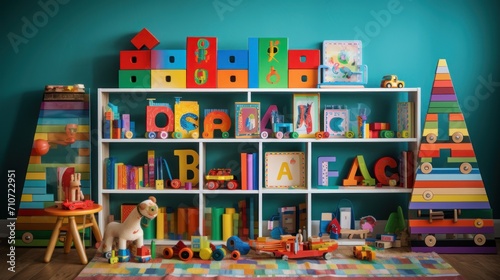  a child's room with a book shelf filled with lots of colorful blocks and a toy horse in front of it.