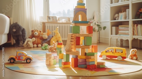  a child's room with toys on the floor and in the background a crib and bookshelf.