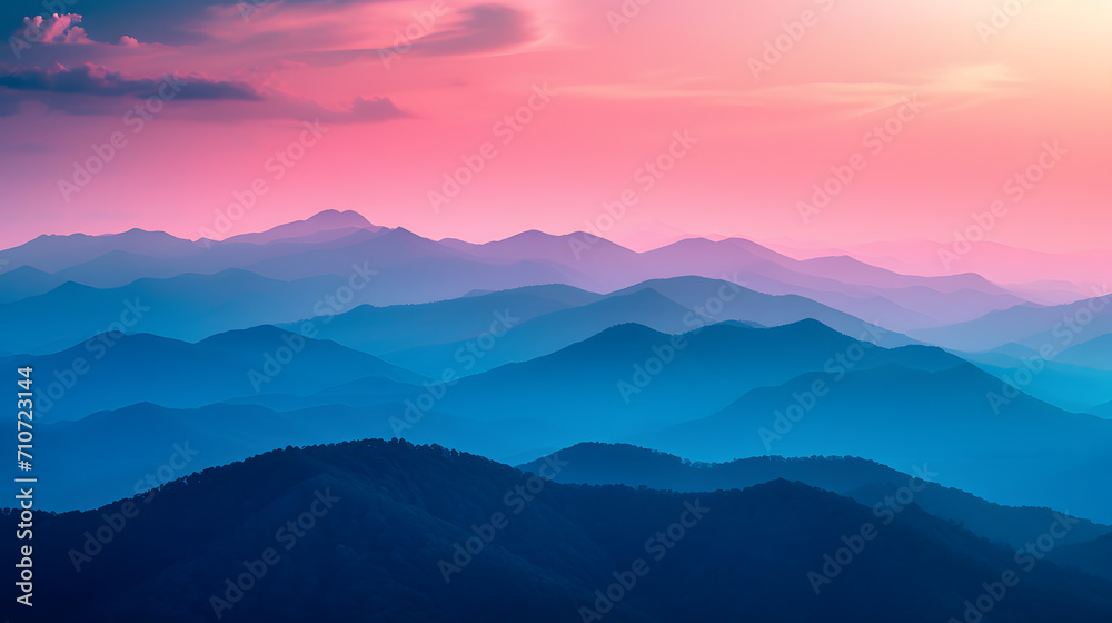 A mountain range, with neon-pink and pastel blue hues in the background, during a mystic dawn, reflecting the Psychic Waves theme of escapism and surrealism