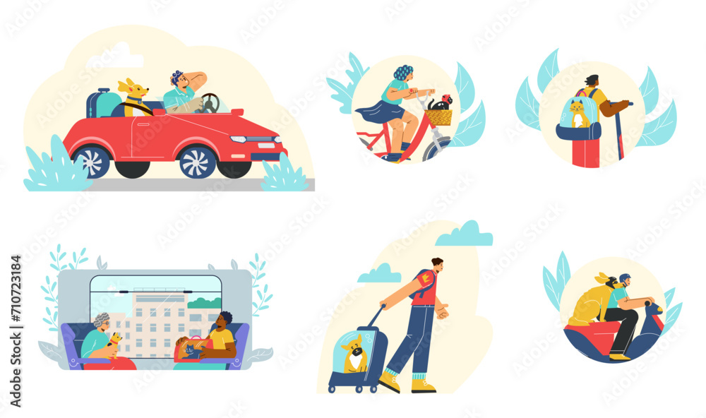 People travel with pets, set of vector illustrations, flat cartoon style