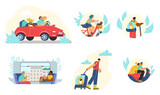 People travel with pets, set of vector illustrations, flat cartoon style
