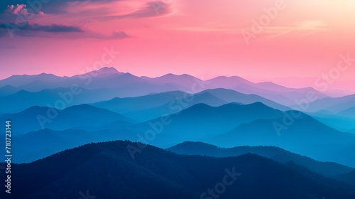 A mountain range, with neon-pink and pastel blue hues in the background, during a mystic dawn, reflecting the Psychic Waves theme of escapism and surrealism © VirtualCreatures