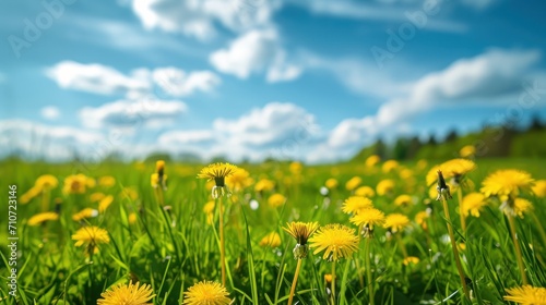 Beautiful meadow field with fresh grass and yellow dandelion flowers in nature against a blurry blue sky with clouds. Summer spring perfect natural landscape. 