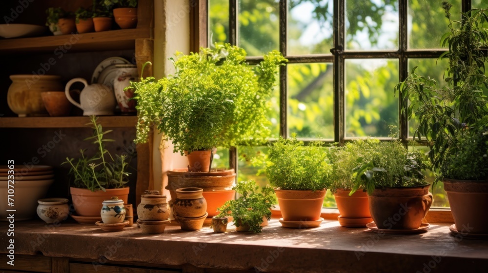  a row of potted plants sitting on top of a window sill next to a potted plant in front of a window.