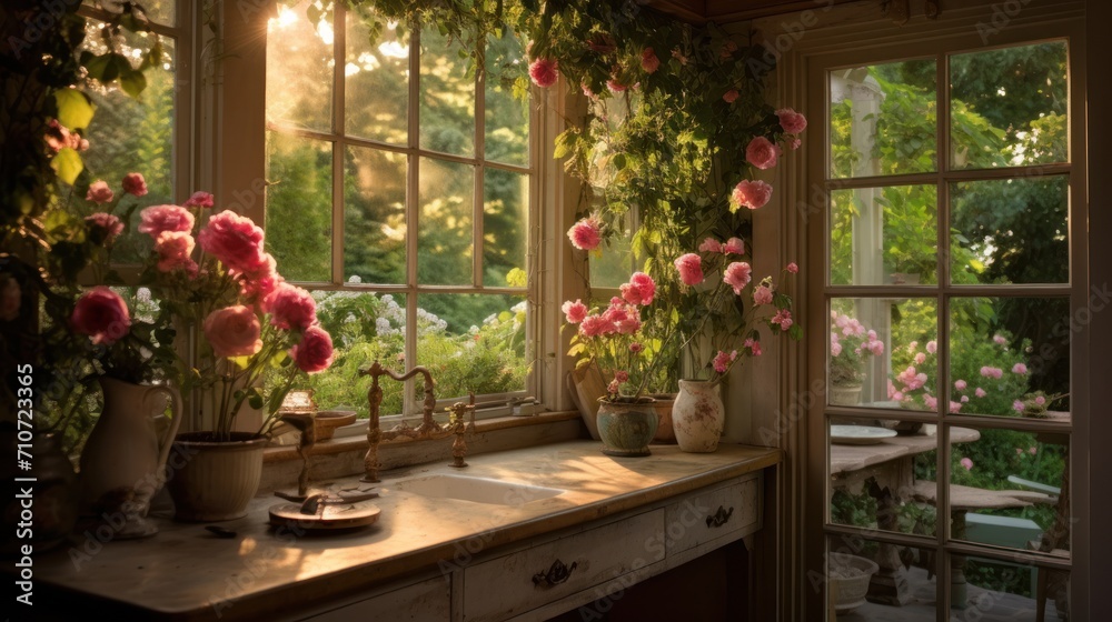 a window sill filled with lots of flowers next to a window sill filled with lots of pink flowers. a window sill filled with lots of flowers next to a window sill filled with lots of pink flowers.