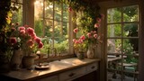  a window sill filled with lots of flowers next to a window sill filled with lots of pink flowers.
