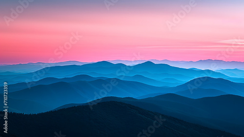 A mountain range, with neon-pink and pastel blue hues in the background, during a mystic dawn, reflecting the Psychic Waves theme of escapism and surrealism