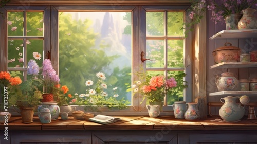  a painting of a window sill with potted plants and a book on a table in front of it.