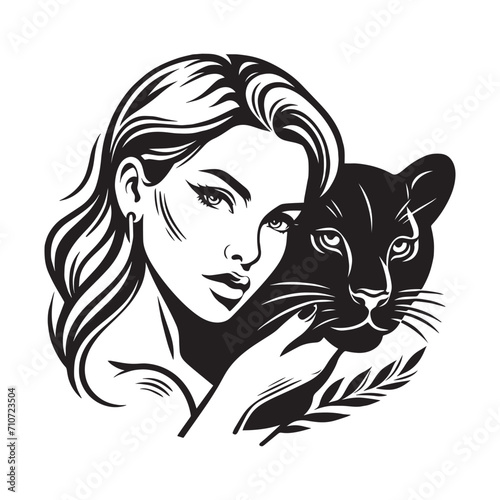 Beautiful woman with a black panther. Strength and beauty. Vintage outline illustration. Black engraving, logo, emblem