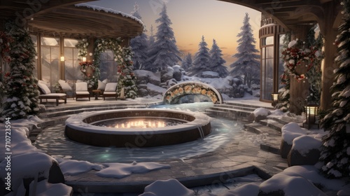  a winter scene with a hot tub in the middle of a snowy yard and a lit candle in the center. photo