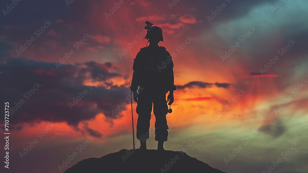 Solemn Soldier Silhouette for Memorial Day with Dusky Sky

