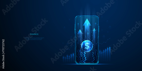 Increase Revenue. Business and finance concept. 3D money in light blue futuristic style on phone screen and growth graph chart. Digital technology background. Low poly wireframe vector illustration. 