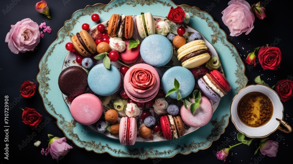  a blue plate topped with macaroons and pastries next to a cup of coffee and a pink rose.