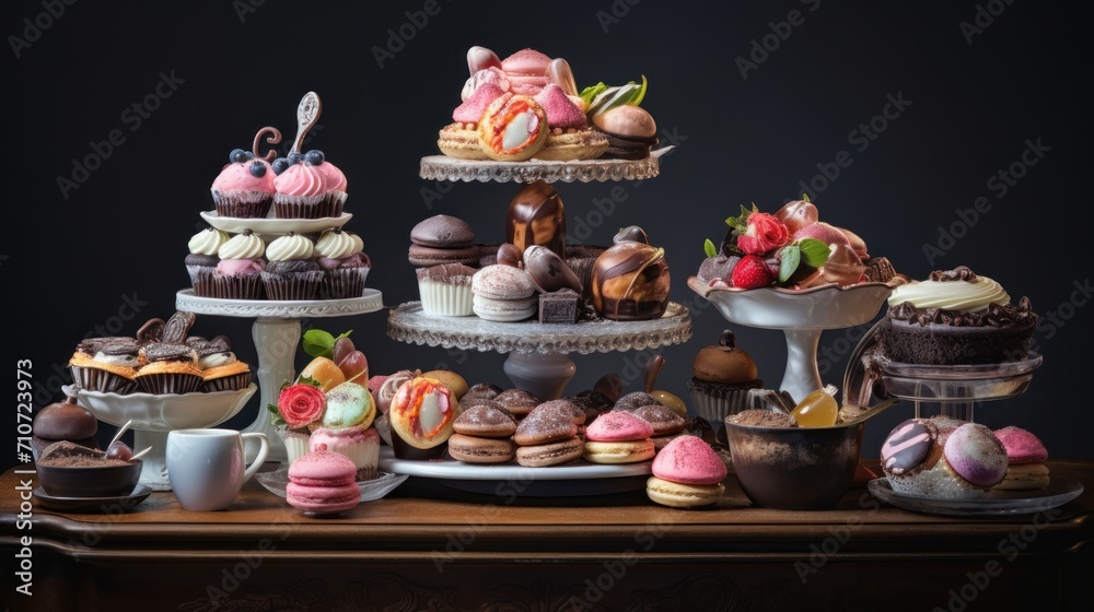 a table topped with lots of different types of cakes and cupcakes on top of a wooden table next to a black wall.