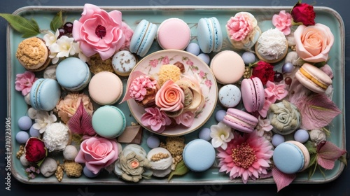  a tray of macaroons, flowers, and macaroons are arranged in a variety of pastel colors.
