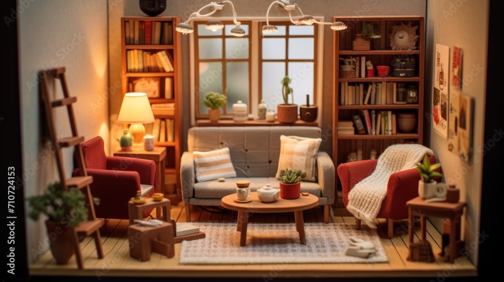  a model of a living room with a couch, chair, coffee table, bookshelf and other furniture.