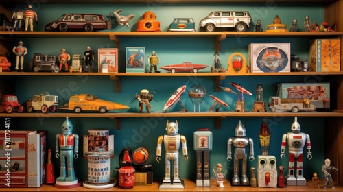  a shelf filled with lots of toy figurines on top of a wooden shelf next to a blue wall.