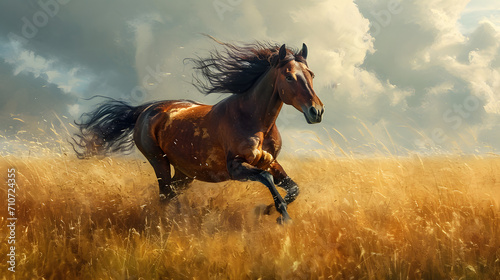 horse in the field, a proud and regal horse galloping freely in a spacious meadow, embodying grace and strength © @ArtUmbre