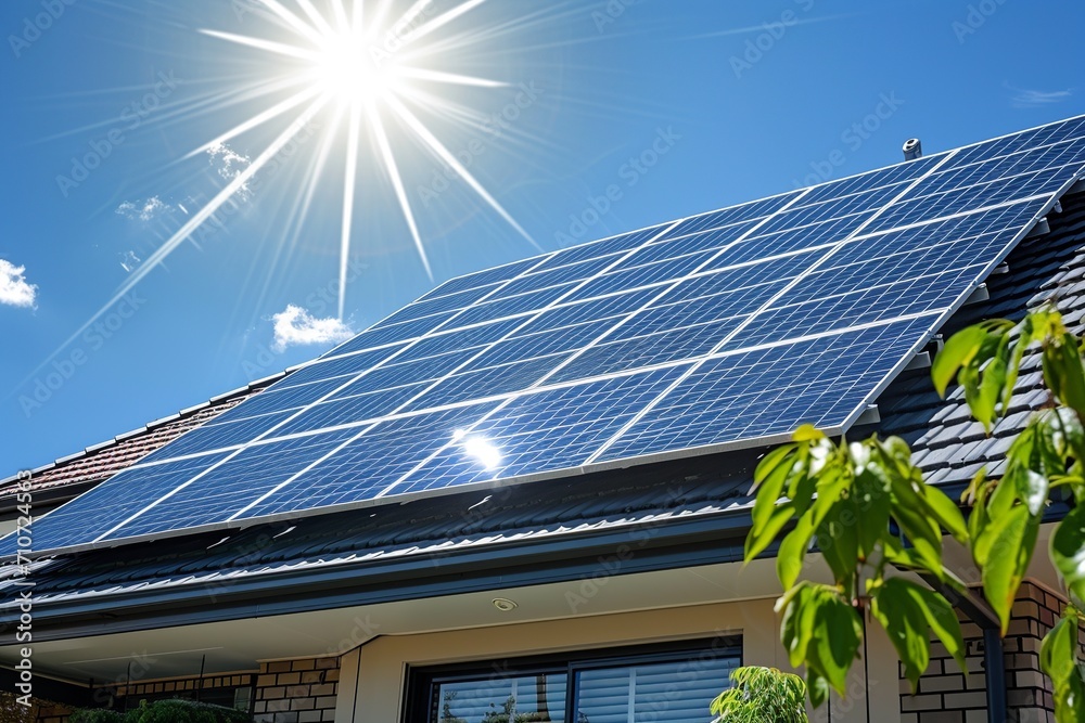 Fototapeta premium Eco-Friendly Solar Panels on Modern House Roof