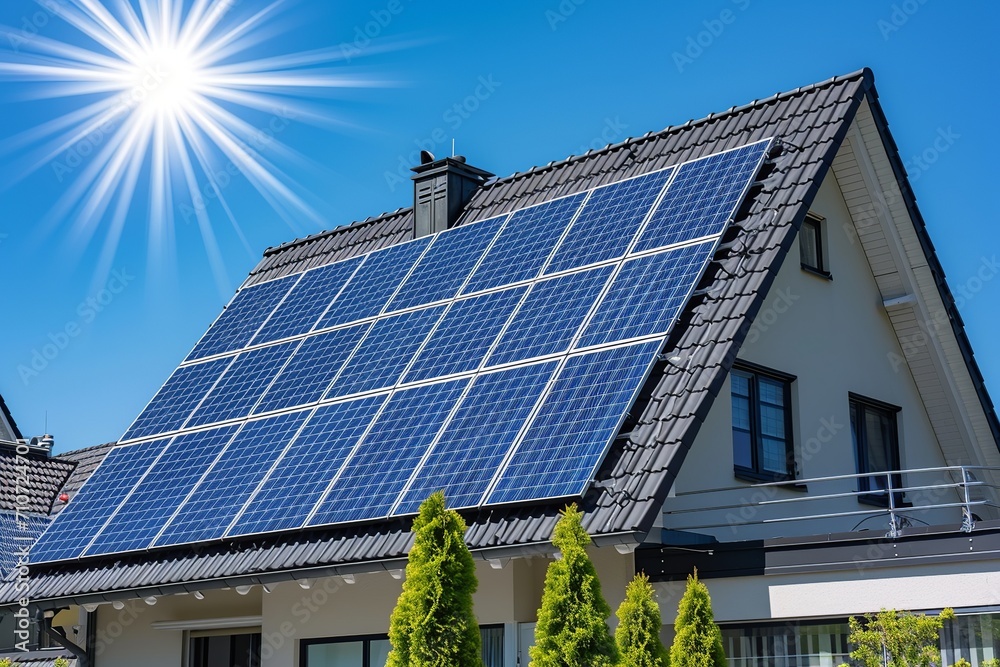 Fototapeta premium Eco-Friendly Solar Panels on Modern House Roof