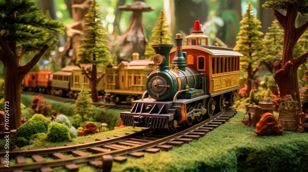  a toy train traveling through a forest filled with lots of toy trees and people on the side of the track.