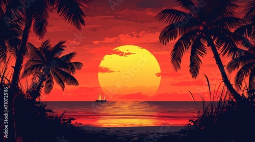 Hand drawn tropical sunset background     