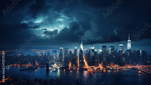  an aerial view of a city at night with a storm in the sky and a lightning bolt in the sky.