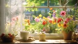  a window sill filled with potted plants next to a window sill with a cup and saucer on it.