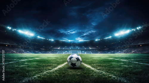 Soccer under lights, Football on the corner line, a vibrant stadium filled with nighttime cheers.