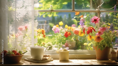  a window sill filled with potted plants next to a window sill with a cup and saucer on it.