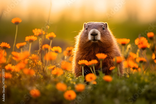 A groundhog in a meadow surrounded by blossoming spring flowers