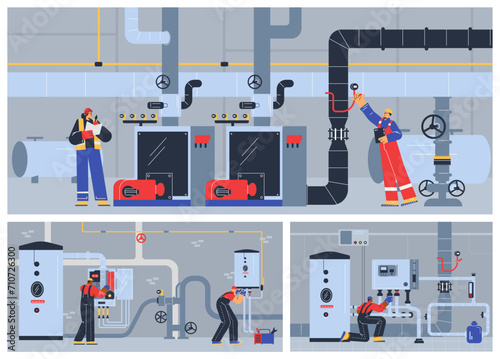 Valves, piping and boiler technicians engineering checking service, vector appliances, repair gas pumping station
