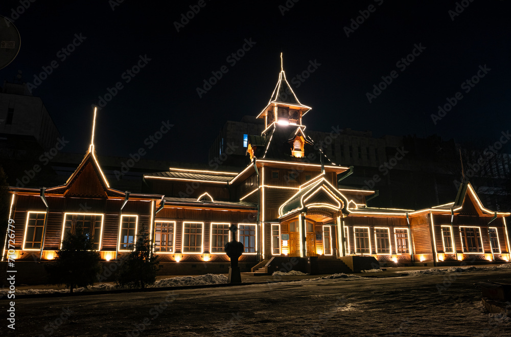 Museum of Folk Musical Instruments named after.  Night photograph of the illumination of the museum building in Almaty. The building was built in 1908.