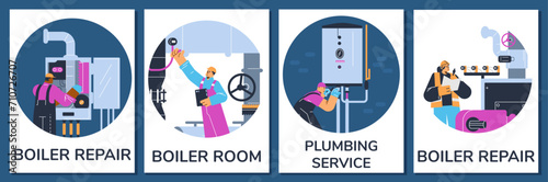 Set of boiler room and plumbing service.