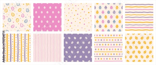 Easter seamless repeat patterns collection, backgrounds set. Tiny painted Paschal eggs, artistic brush drawn shapes with stripes, specks, uneven dots, doodle hand drawn streaks. Retro trendy colors.