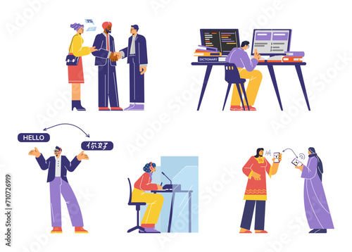 Translation service vector set, translator interpreting conversation, online translation using computer technology