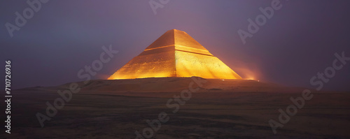 A large pyramid glows in the night  its stone catching the light against a desert backdrop  an ancient mystery beckoning exploration.