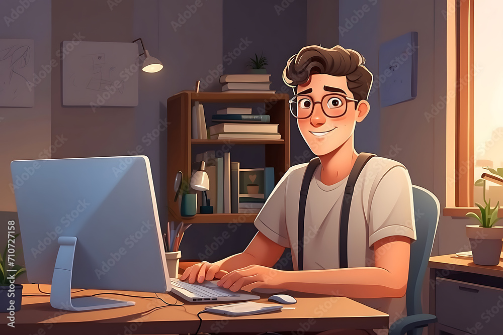 Man Sitting at Desk Using Laptop Computer for Work. Generative AI. Man Sitting at Desk Using Laptop Computer for Work. Generative AI.