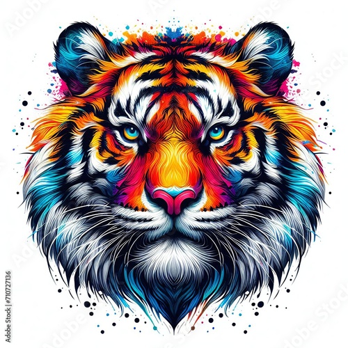 Colorful Tiger head isolated on white background. Vector illustration for t-shirt design
