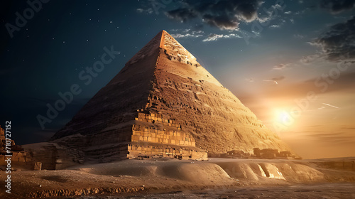 A large pyramid glows in the night  its stone catching the light against a desert backdrop  an ancient mystery beckoning exploration.