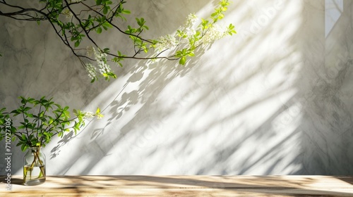 Spring sunlight in green branch of tree with shadow on white marble tile wall, wood table, copy space.   