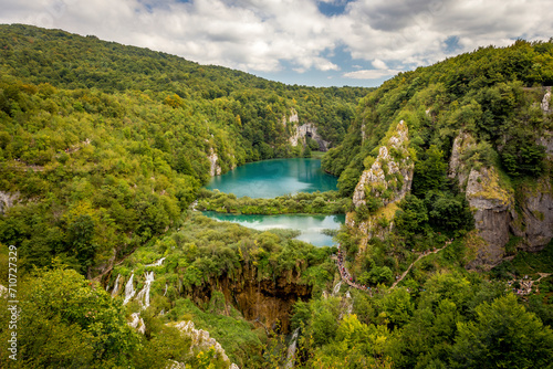 Aerial view of Plitvice national park waterfalls in Croatia. photo