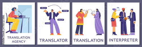 Set of posters or vertical banners about translator people