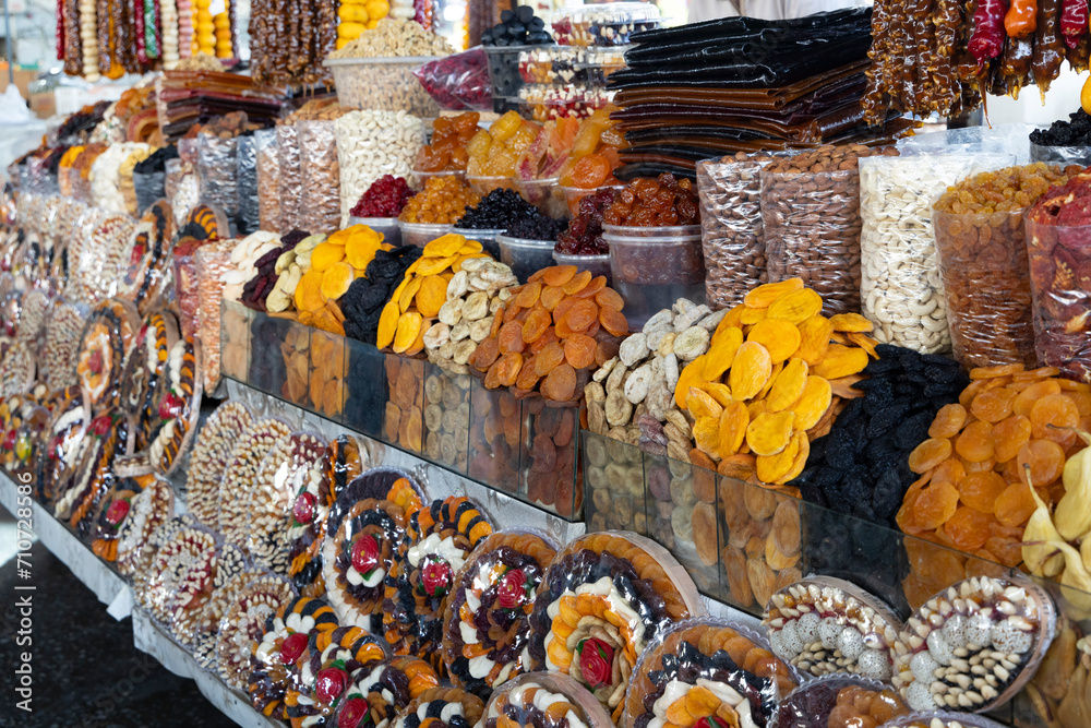 Assortment of organic dried fruits mix in local bazaar market of Yerevan